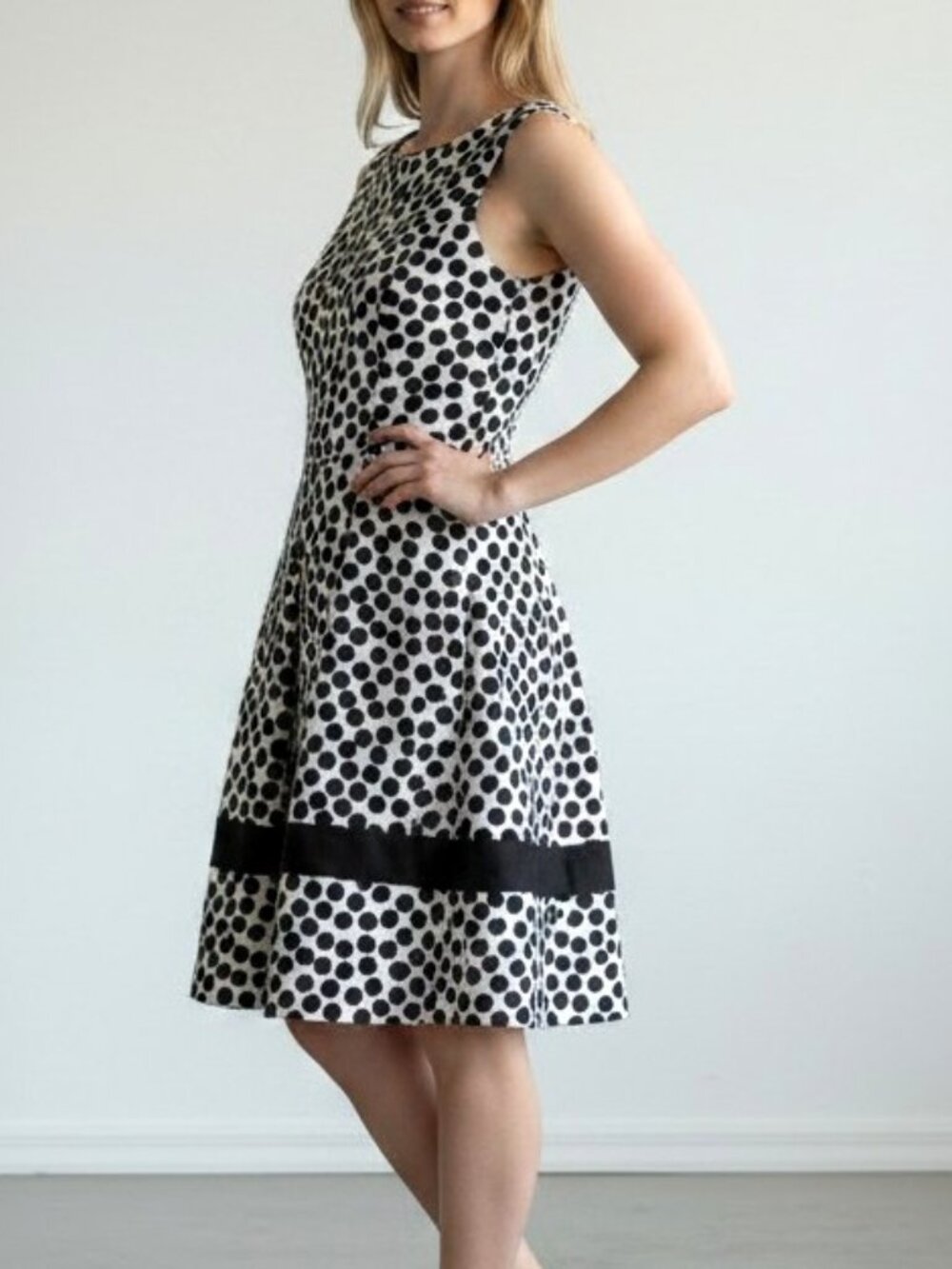 Danny & Nicole Black White Polka Dot Sleeveless Pleated Fit Flare Dress - Picture 2 of 9